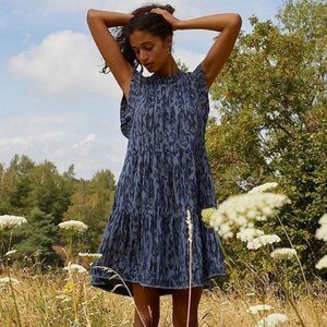Anthropologie | "Jenee" Tiered Tunic Dress | Blue Leopard Print | Size XS